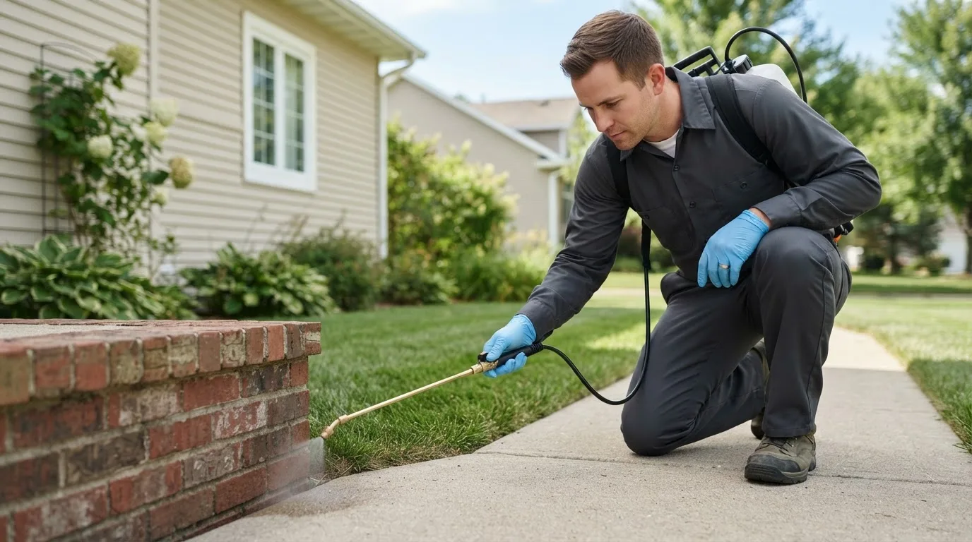 Pest control technician treating a home near Union City, IN
