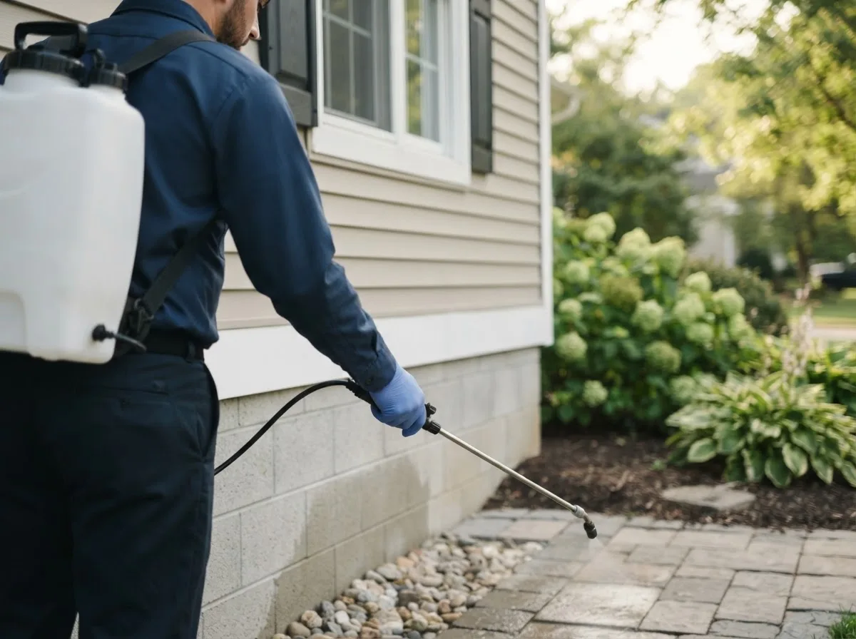 Pest control technician inspecting a home in Union City, IN